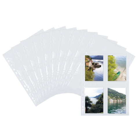Mehrere transparente Fotohüllen mit vier Fächern, die Landschaftsaufnahmen von Gewässern und Uferbereichen zeigen.