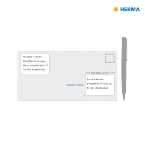 Adresskarte mit Absender- und Empfängerdaten sowie Maßangaben für die Adressierung. Oben rechts ist ein Platz für eine Briefmarke.