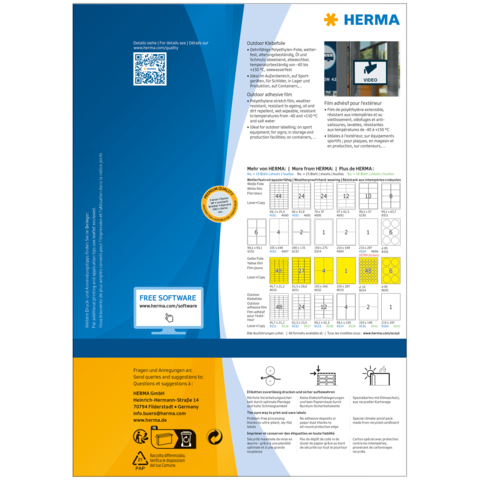 Produktinformation von HERMA mit QR-Code, Softwarehinweisen und Anleitungen für die Verwendung von Outdoor-Folien.