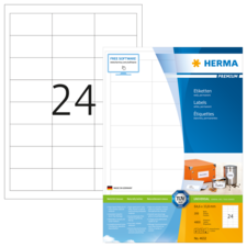 Ein Blatt mit 24 leeren Etiketten, das für Beschriftungen verwendet werden kann, zusammen mit einer Verpackung von Herma Etiketten.