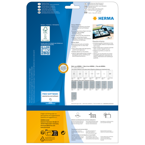 Rückseite einer Verpackung mit Informationen zu HERMA Produkten, einschließlich Softwarehinweisen und Anleitungen zur Verwendung.