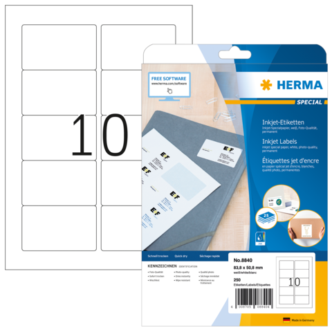 Packung mit 250 Inkjet-Etiketten, Größe 82,3 x 58,5 mm, mit der Aufschrift "10". Enthält Hinweise zur Nutzung von kostenloser Software.