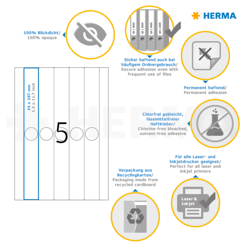 Selbstklebende Etiketten von HERMA, 34 x 89 mm, permanent haftend, chlorfrei, geeignet für Laser- und Inkjetdrucker, aus recyceltem Karton.