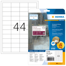 Etikettenblatt mit der Nummer 44, verpackt in einer transparenten Hülle. Hinweise zu strapazierfähigen Etiketten und Software sind sichtbar.