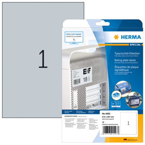 Typenschild-Etiketten-Packung von Herma, enthält 10 Etiketten in der Größe 210 x 297 mm, mit Hinweis auf kostenlose Software.