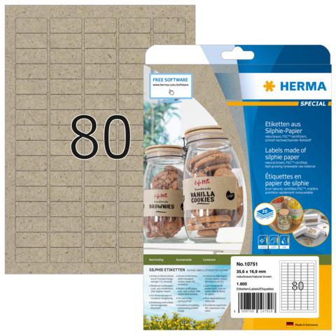 Etikettenbogen mit 80 selbstklebenden Etiketten aus Silphie-Papier, geeignet für verschiedene Anwendungen, inklusive Beispielbilder von Keksgläsern.