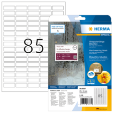 Etikettenbogen mit 85 Etiketten, robust und strapazierfähig, verpackt in einer transparenten Hülle mit Anweisungen und Software-Hinweis.