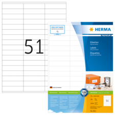 Etikettenblatt mit der Nummer 51, das die Marke Herma zeigt, sowie Informationen zu Größe und Verwendung von Etiketten.