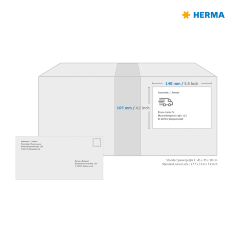 Versandkarton mit Absender- und Empfängeradresse, Maße und Versandinformationen. Enthält eine Postkarte mit Adressdetails.