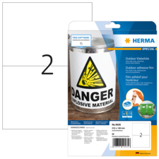 Aufkleber mit Warnhinweis "Danger Explosive Material" auf einer Verpackung für Outdoor-Klebefolie, Größe 210 x 148 mm.
