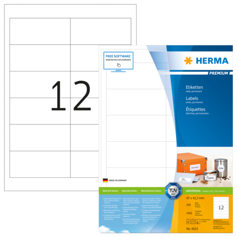 Etikettenblatt mit 12 Feldern, Marke Herma, inklusive Produktinformationen und Anweisungen zur Verwendung.