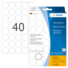 Haftetiketten mit 40 runden, weißen Aufklebern (Ø 19 mm) auf einem Bogen, verpackt von Herma. Ideal für Beschriftungen und Organisation.