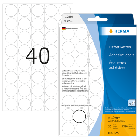 Haftetiketten mit 40 runden, weißen Aufklebern (Ø 19 mm) auf einem Bogen, verpackt von Herma. Ideal für Beschriftungen und Organisation.