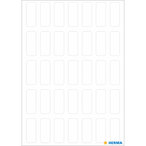 Leere Etiketten auf einem weißen Blatt, angeordnet in mehreren Reihen und Spalten, bereit zum Beschriften oder Drucken.