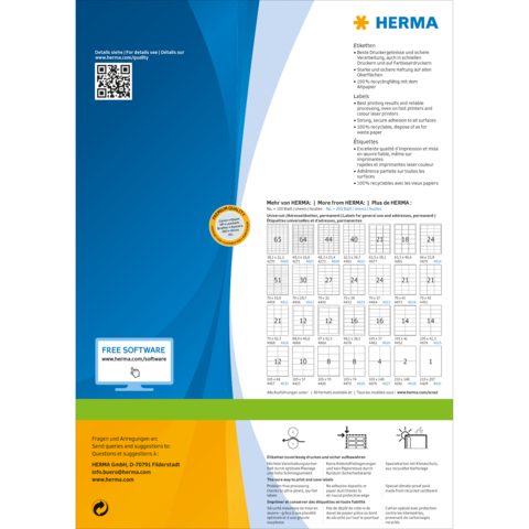 Información del producto HERMA con código QR, aviso de software y una tabla para formatos de etiquetas.