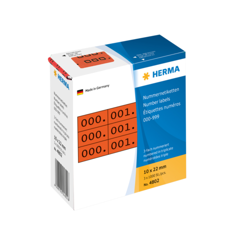Nummer etiketten in einer Verpackung, mit der Aufschrift „000.001“ und weiteren Nummern, hergestellt von HERMA, Deutschland.