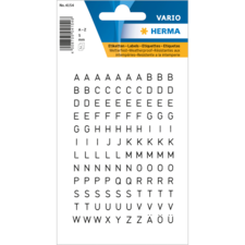 Schwarze Buchstabenaufkleber in verschiedenen Größen auf einem weißen Hintergrund, geeignet für Etikettierung und Beschriftung.