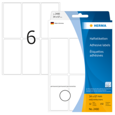 Haftetiketten von HERMA, 34 x 67 mm, 32 Stück, permanent, mit Platz für Beschriftungen, auf weißem Hintergrund.