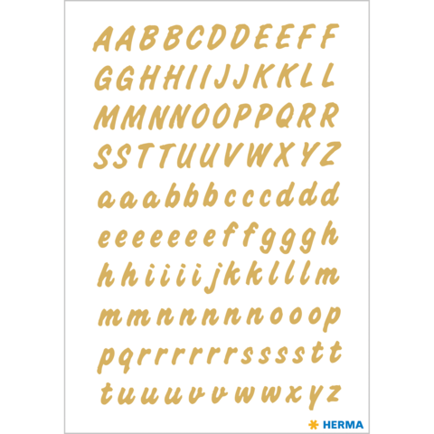 Alphabet in Groß- und Kleinbuchstaben in einer gelben Schriftart auf weißem Hintergrund.