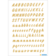 Alphabet in Groß- und Kleinbuchstaben in einer gelben Schriftart auf weißem Hintergrund.