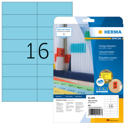 Bunte Etiketten auf einem Bogen mit 16 Etiketten, verpackt in einer transparenten Hülle mit Produktinformationen.