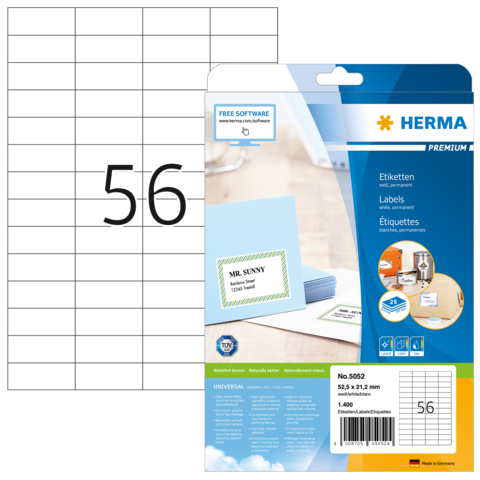 Etikettenpackung von Herma mit 56 vorgestanzten Etiketten auf einem Bogen, inklusive Beispieletikett mit dem Text „MR. SUNNY“.