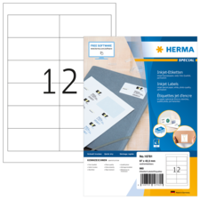 Ein Blatt mit 12 Etiketten und eine Verpackung für Herma Inkjet-Etiketten, die Software zur Gestaltung anbietet.