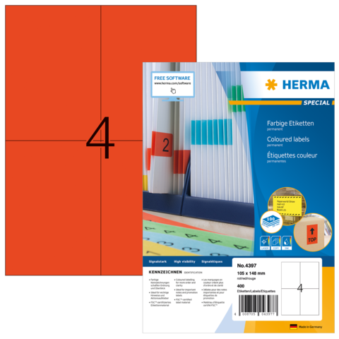 Farbige Etiketten von Herma, Packung mit 105 Etiketten in verschiedenen Farben, Größe 105 x 148 mm, mit Nummerierung und Anwendungshinweisen.