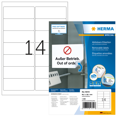 Ablösbare Etiketten auf einem Blatt mit der Nummer 14, verpackt von Herma. Hinweis: "Außer Betrieb. Out of order."