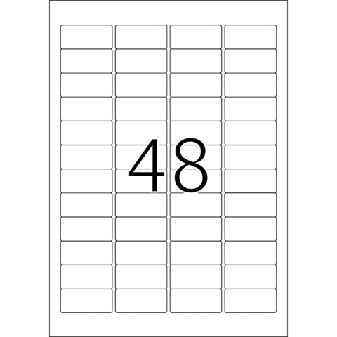 Ein Blatt mit 48 leeren Etiketten, angeordnet in einem Raster von mehreren Reihen und Spalten. Die Zahl 48 ist groß in der Mitte hervorgehoben.