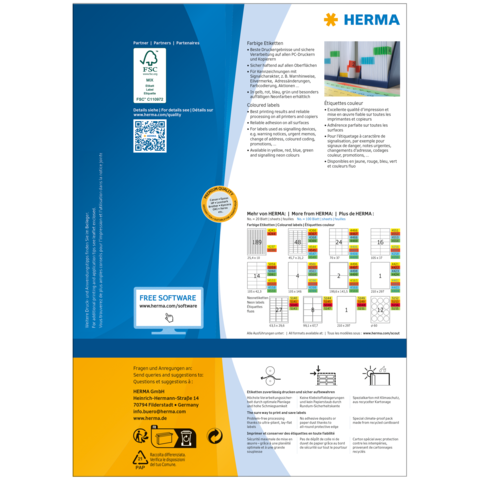 Rückseite eines Produkts von HERMA mit Informationen zu Etiketten, Software und Anwendungsbeispielen. Enthält QR-Code und verschiedene Etikettenlayouts.