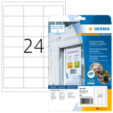 Ein Paket mit ablösbaren Etiketten von Herma, mit einer großen Zahl "24" und Informationen zur Verwendung und Software.