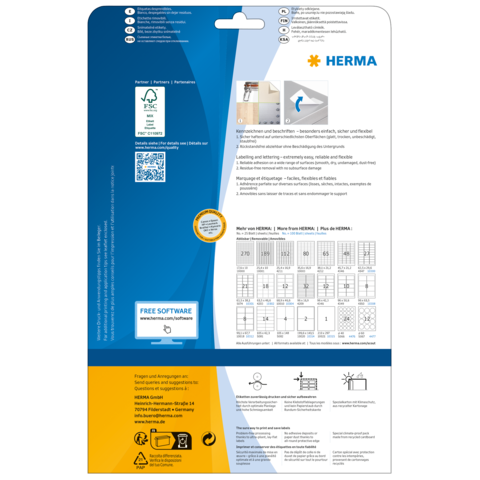 Rückseite einer Verpackung für Etiketten von HERMA, mit Anweisungen, Softwarehinweisen und einer Tabelle zur Etikettengröße.