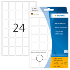 Haftetiketten von Herma, 24x24 mm, 32 Stück, permanent, auf Verpackung mit deutscher Kennzeichnung.