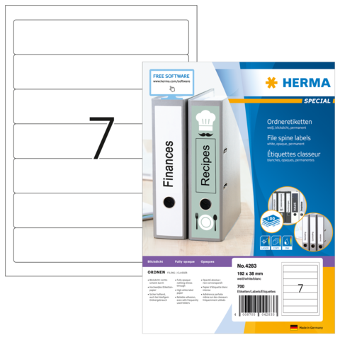 Ordneretiketten von Herma, Packung mit 700 Stück, für die Beschriftung von Ordnern, Beispieletikett mit der Nummer 7.