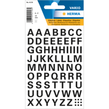 Schwarze Buchstabenaufkleber in Großbuchstaben, angeordnet von A bis Z, auf einer Verpackung mit wetterfester Beschriftung.