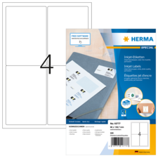 Blatt mit leeren Etiketten für den Druck, verpackt in einer transparenten Hülle. Enthält Informationen zu Software und Produktdetails.
