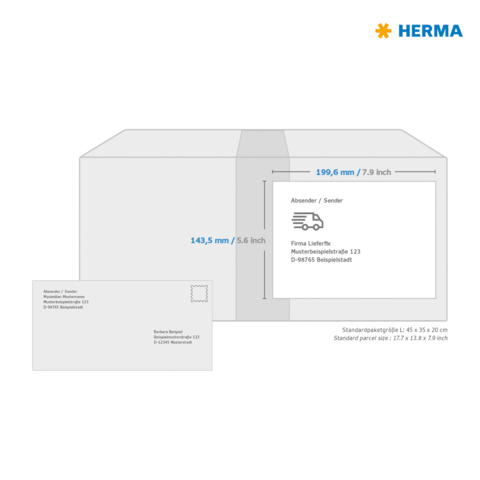 Versandkarton mit Abmessungen und Adressfeld für den Absender. Neben dem Karton befindet sich eine Postkarte mit Absenderinformationen.