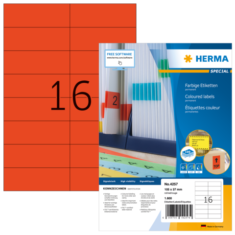 Rote Etiketten auf einem Bogen, mit der Aufschrift "16" und Informationen zu den Etiketten von Herma, einschließlich Anwendungshinweisen.