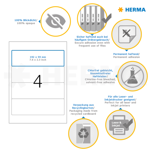HERMA Etikettenbeschreibung: 192 x 59 mm, permanent haftend, chlorfrei, geeignet für Laser- und Inkjetdrucker, verpackt in Recyclingkarton.