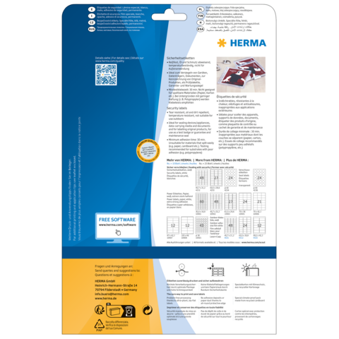 Reverso de un envase con información sobre productos HERMA, instrucciones de seguridad y un código QR. Incluye indicaciones para el uso de software gratuito.