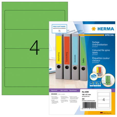 Grüne Ordneretiketten mit der Nummer 4 und einer Auswahl an farbigen Ordnern. Enthält Informationen zu Software und Etiketten.