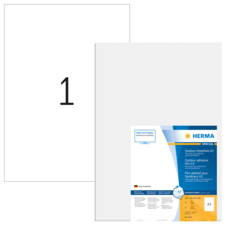 Ein A3-Klebeblatt von Herma mit einer Beschreibung für die Verwendung im Freien. Das Blatt ist leer und zeigt die Produktverpackung.
