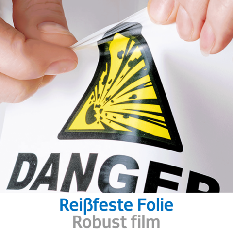 Eine Hand zieht an einer Warnfolie mit einem Gefahrensymbol in Gelb und Schwarz. Darunter steht "Reißfeste Folie" und "Robust film".
