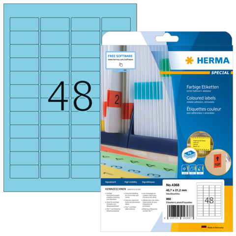 Bunte Etiketten von Herma, Packung mit 48 Etiketten, inklusive Softwarehinweis für die Nutzung.