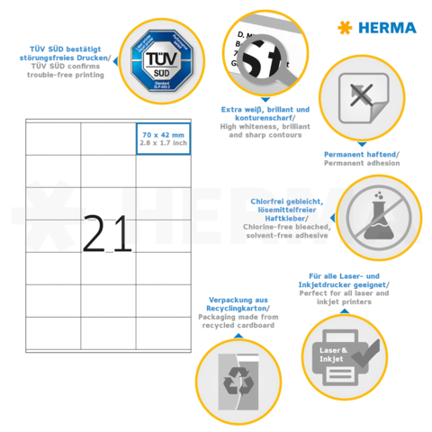 TÜV SÜD zertifiziert störungsfreies Drucken. Extra weiß, permanent haftend, chlorfrei gebleicht, geeignet für Laser- und Inkjetdrucker.