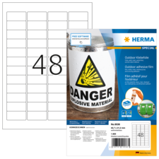 Klebefolie mit Warnhinweis "Danger - Explosive Material" und Produktinformationen von Herma, inklusive Nummer 9536 und Anwendungshinweisen.