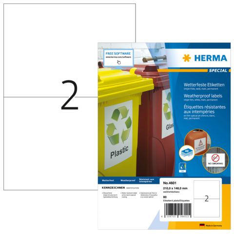 Wetterfeste Etiketten von Herma mit Abbildungen von Mülltonnen für Plastik und Glas. Verpackung zeigt Produktdetails und Anwendungshinweise.