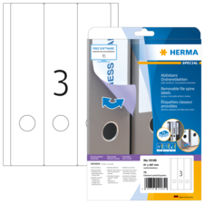 Abziehbare Ordneretiketten von Herma, Packung mit 75 Etiketten, geeignet für die Beschriftung von Ordnern, inklusive Softwarehinweis.