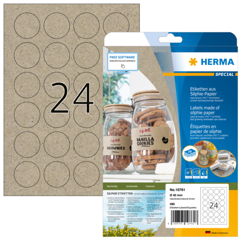 Etikettenbogen mit 24 runden Aufklebern aus Silphie-Papier, verpackt mit Bildern von Keksgläsern und der Produktbezeichnung.